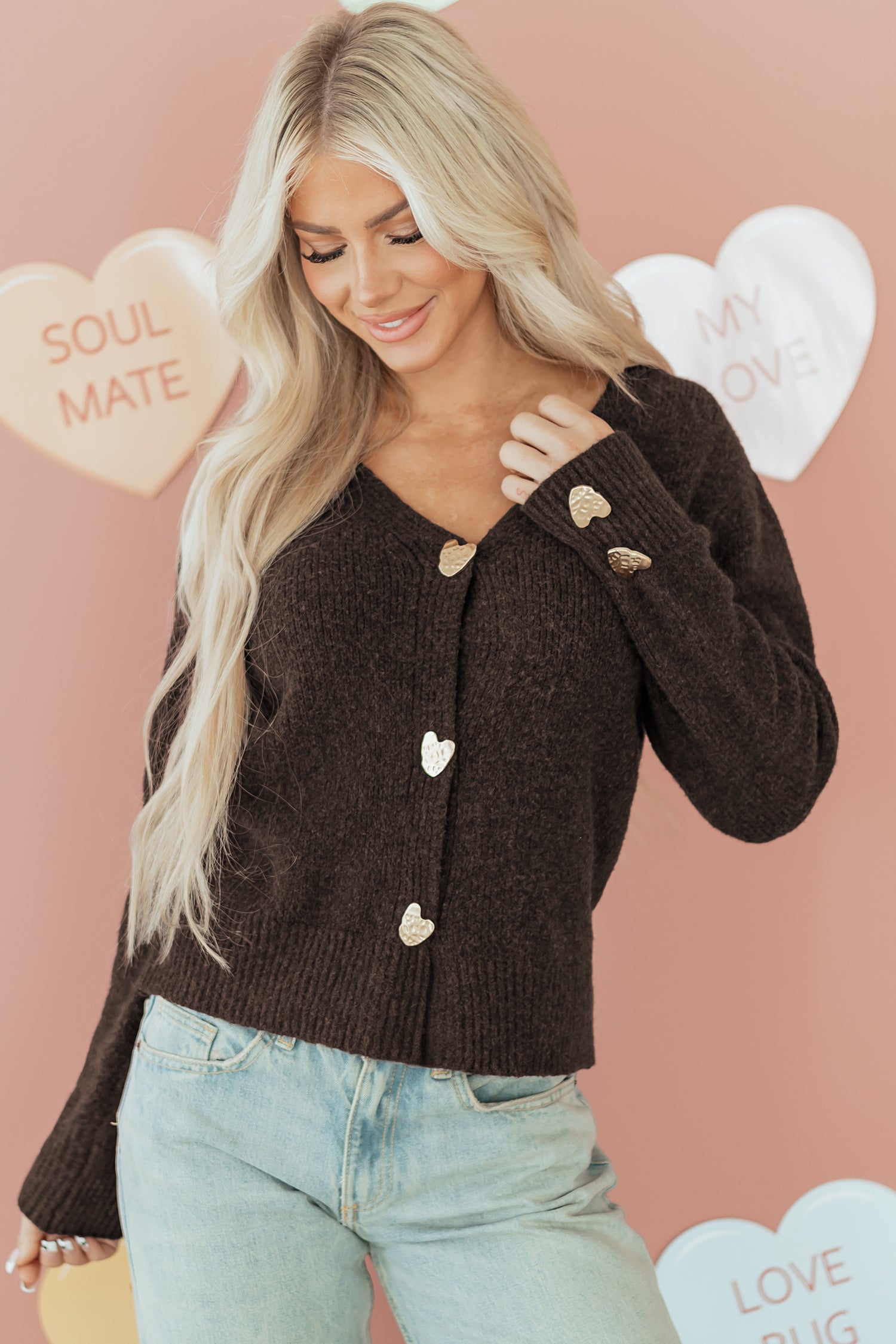 Chicory Coffee Heart Button Cardigan