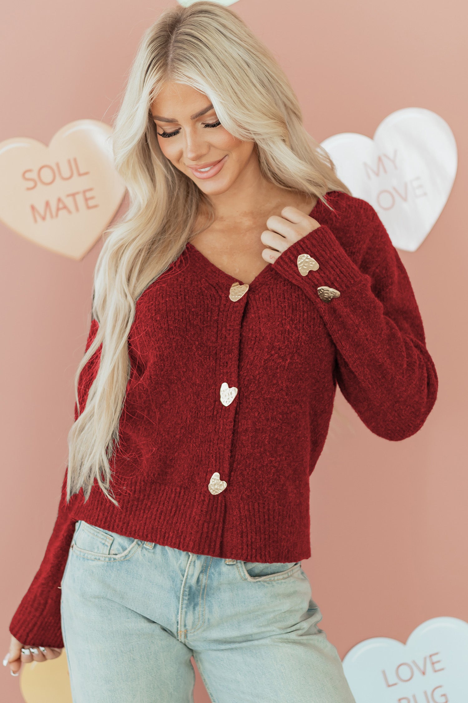 Fiery Red Heart Button Cardigan